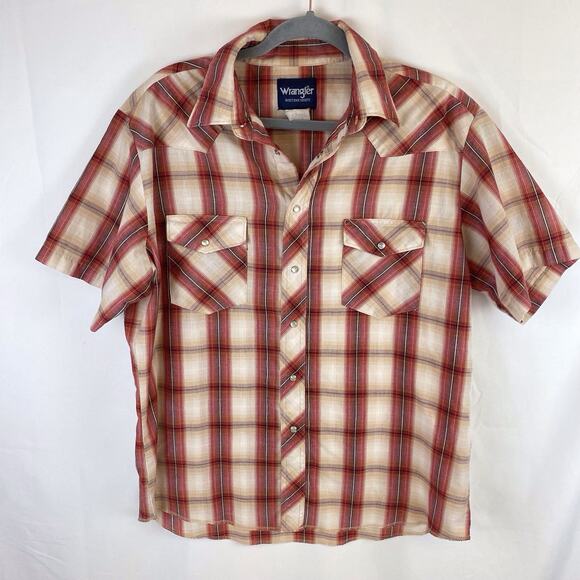 Wrangler Western Shirt Red Short Sleeve Pearl Snap Cowboy Lightweight Size L - Picture 1 of 7